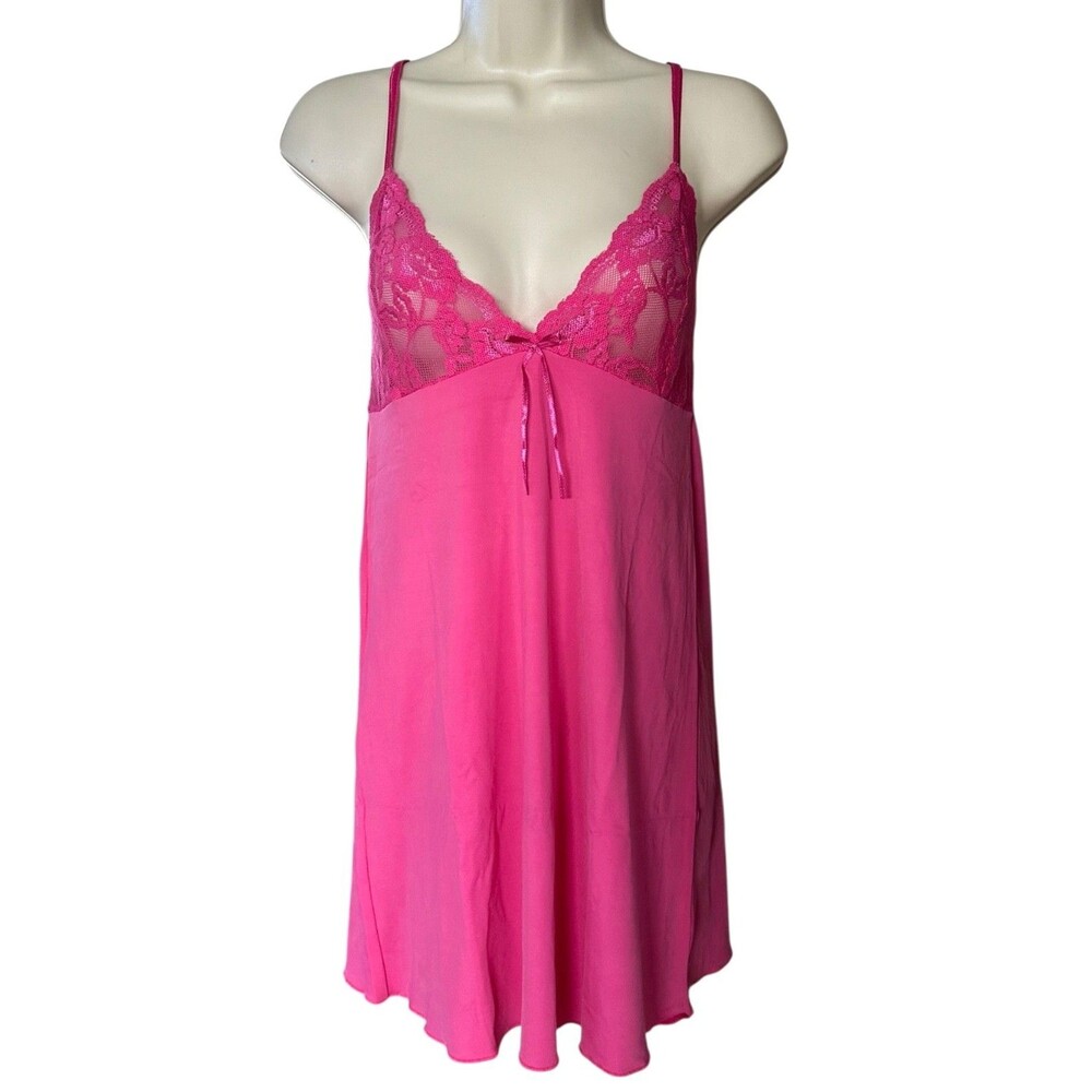 Le Jardin Women's Chemise Mini Sleep Dress w/ Lace & Tie Sleeveless Size L Pink